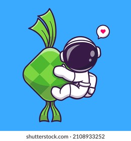 Cute Astronaut With Ketupat Cartoon Vector Icon Illustration Science Food Icon Concept Isolated Premium Vector. Flat Cartoon Style