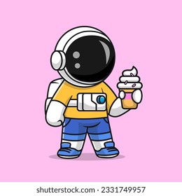 Cute Astronaut Kid Eating Ice Cream Cone Cartoon Vector Icon Illustration. Science Food Icon Concept Isolated Premium Vector. Flat Cartoon Style