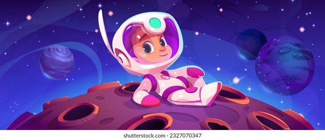 Cute astronaut kid lying on alien planet. Vector cartoon illustration of little boy in spacesuit and helmet exploring moon landscape with craters, many stars glowing in night sky, space mission