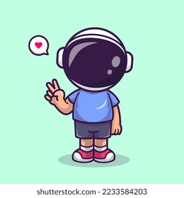 Cute Astronaut Kid With Peace Hand Cartoon Vector Icon Illustration. Science People Icon Concept Isolated Premium Vector. Flat Cartoon Style