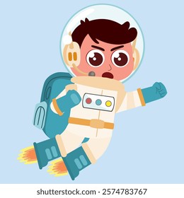 Cute astronaut kid using rocket boots, soaring through space with a joyful expression. Great for kids' content and education