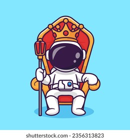 Cute Astronaut King Sitting On throne With Crown Cartoon Vector Icon Illustration. Science Finance Icon Concept Isolated Premium Vector. Flat Cartoon Style