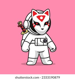 Cute Astronaut With Kitsune Mask Katana Sword Cartoon Vector Icon Illustration. Science Holiday Icon Concept Isolated Premium Vector. Flat Cartoon Style