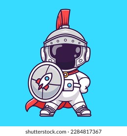 Cute Astronaut Knight With Shield Cartoon Vector Icon Illustration. Science Holiday Icon Concept Isolated Premium Vector. Flat Cartoon Style