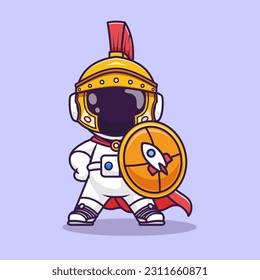 Caballero Astronauta Astronauta Con Ilustración Del Icono Del Vector De Dibujo Escudo. Vector Premium Aislado De Icono De Festividad Científica. Estilo de dibujo plano