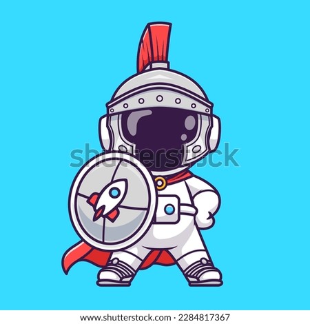 Cute Astronaut Knight With Shield Cartoon Vector Icon Illustration. Science Holiday Icon Concept Isolated Premium Vector. Flat Cartoon Style