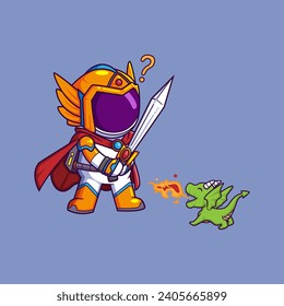 Cute Astronaut Knight With sword and little dragon. Science Technology Icon Concept of illustration