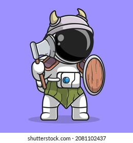 Cute Astronaut Knight Viking Cartoon Vector Icon Illustration. Science Technology Icon Concept Isolated Premium Vector. Flat Cartoon Style