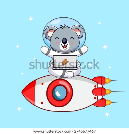 Cute Astronaut Koala Happy Succeed Working on Laptop on the Rocket Vector Illustration