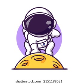 Cute Astronaut Landing On The Moon Cartoon Vector Icon Illustration. Science Technology Icon Concept Isolated Premium Vector. Flat Cartoon Style