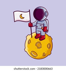 Cute Astronaut Landing on The Moon Cartoon Vector Illustration. Cartoon Style Icon or Mascot Character Vector.