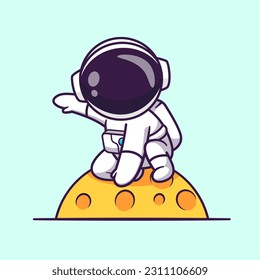 Cute Astronaut Landing On Moon Cartoon Vector Icon Illustration. Science Technology Icon Concept Isolated Premium Vector. Flat Cartoon Style