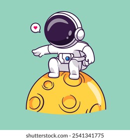 Cute Astronaut Landing On Moon Cartoon Vector Icon Illustration. Science Technology Icon Concept Isolated Premium Vector. Flat Cartoon Style