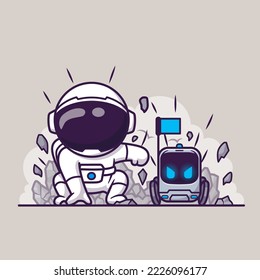 Cute Astronaut Landing With Robot Cartoon Vector Icon Illustration. Science Technology Icon Concept Isolated Premium Vector. Flat Cartoon Style