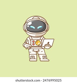 Cute astronaut with laptop kawaii chibi character mascot illustration outline style set