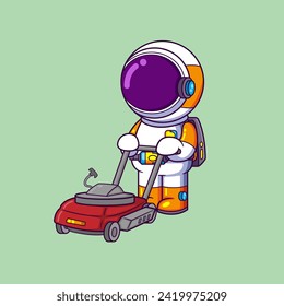 Cute astronaut with Lawn mower machine cartoon character of illustration