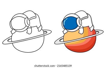 Cute astronaut lay down on planet coloring page for kids