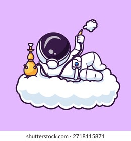 Astronauta bonito deitado na nuvem com Hookah ilustração do ícone do vetor do desenho animado. Ciência Tecnologia Icon Conceito Isolado Premium Vetor. Estilo de Desenho Animado Plano