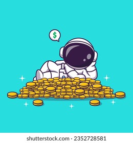 Cute Astronaut Lay On Gold Coin Cartoon Vector Icon Illustration. Science Finance Icon Concept Isolated Premium Vector. Flat Cartoon Style