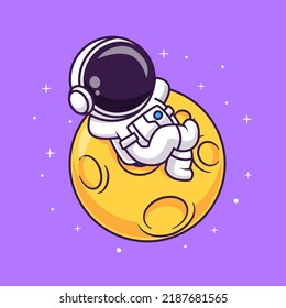 Cute Astronaut Lay On Moon Cartoon Vector Icon Illustration Science Technology Icon Concept Isolated Premium Vector. Flat Cartoon Style