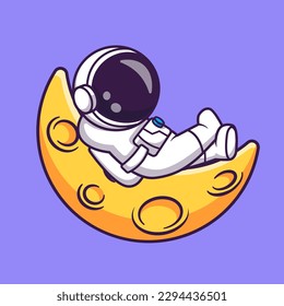 Cute Astronaut Lay On Moon Cartoon Vector Icon Illustration. Science Technology Icon Concept Isolated Premium Vector. Flat Cartoon Style