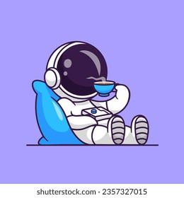 Cute Astronaut Lay On Pillow With Coffee Cartoon Vector Icon Illustration. Science Drink Icon Concept Isolated Premium Vector. Flat Cartoon Style