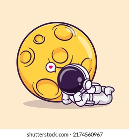 Cute Astronaut Laying Down With Moon Cartoon Vector Icon Illustration. Science Technology Icon Concept Isolated Premium Vector. Flat Cartoon Style