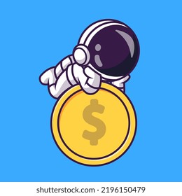 Cute Astronaut Laying On Gold Coin Cartoon Vector Icon Illustration Science Finance Icon Concept Isolated Premium Vector. Flat Cartoon Style