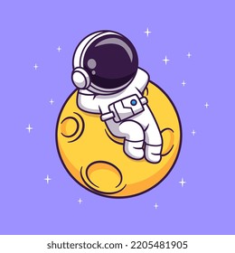 Cute Astronaut Laying On Moon Cartoon Vector Icon Illustration Science Technology Icon Concept Isolated Premium Vector. Flat Cartoon Style