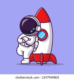 Cute Astronaut Lean On Rocket Cartoon Vector Icon Illustration Science Technology Icon Concept Isolated Premium Vector. Flat Cartoon Style