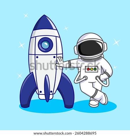 Cute Astronaut Leaning Pose with Rocket Cartoon Vector Illustration