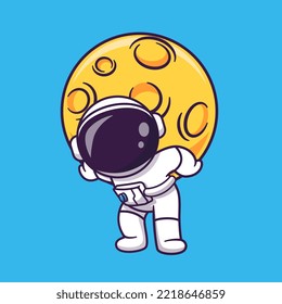 Cute Astronaut Lifting Big Moon Cartoon Vector Icon Illustration. Science Technology Icon Concept Isolated Premium Vector. Flat Cartoon Style