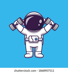 Cute Astronaut Lifting Dumbbell Cartoon Vector Icon Illustration. Science Sport Icon Concept Isolated Premium Vector. Flat Cartoon Style