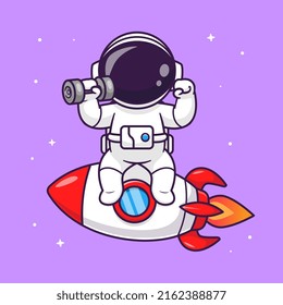 Cute Astronaut Lifting Dumbbell On Rocket Cartoon Vector Icon Illustration Science Sport Icon Concept Isolated Premium Vector. Flat Cartoon Style