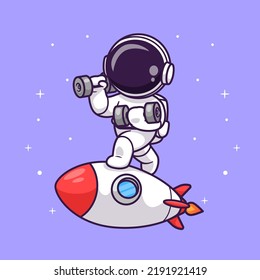 Cute Astronaut Lifting Dumbbell On Rocket In Space Cartoon Vector Icon Illustration Science Sport Icon Concept Isolated Premium Vector. Flat Cartoon Style