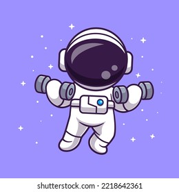 Cute Astronaut Lifting Dumbbell In Space Cartoon Vector Icon Illustration. Science Sport Icon Concept Isolated Premium Vector. Flat Cartoon Style