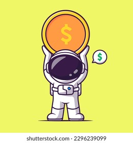 Cute Astronaut Lifting Gold Coin Money Cartoon Vector Icon Illustration. Science Finance Icon Concept Isolated Premium Vector. Flat Cartoon Style