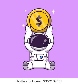 Cute Astronaut Lifting Gold Coin Cartoon Vector Icon Illustration. Science Finance Icon Concept Isolated Premium Vector. Flat Cartoon Style