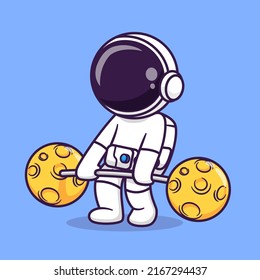 Cute Astronaut Lifting Moon Barbell Cartoon Vector Icon Illustration Science Sport Icon Concept Isolated Premium Vector. Flat Cartoon Style