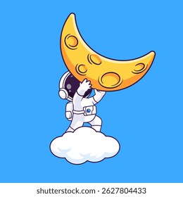 Cute Astronaut Lifting Moon Cartoon Vector Icon Illustration. Science Technology Icon Concept Isolated Premium Vector. Flat Cartoon Style