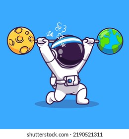 Cute Astronaut Lifting Moon And Earth Barbell Cartoon Vector Icon Illustration Science Sport Icon Concept Isolated Premium Vector. Flat Cartoon Style