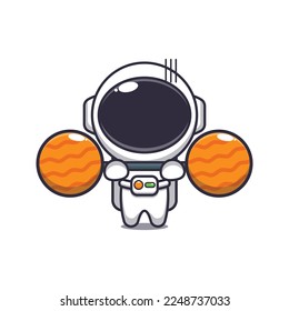 Cute astronaut lifting planet barbell cartoon vector illustration.