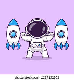 Cute Astronaut Lifting Rocket Barbell Cartoon Vector Icon Illustration. Science Sport Icon Concept Isolated Premium Vector. Flat Cartoon Style
