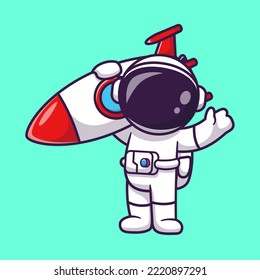 Cute Astronaut Lifting Rocket And Waving Hand Cartoon Vector Icon Illustration. Science Technology Icon Concept Isolated Premium Vector. Flat Cartoon Style