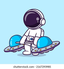 Cute Astronaut Lifting Ufo Barbell Cartoon Vector Icon Illustration Science Sport Icon Concept Isolated Premium Vector. Flat Cartoon Style