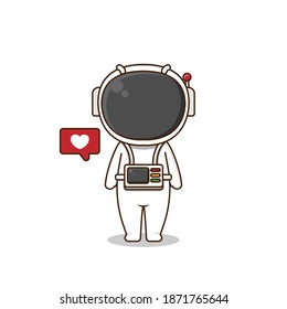 Cute astronaut with like icon. Vector illustration of chibi character isolated on white background.