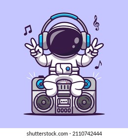 Cute Astronaut Listening With BoomBox Cartoon Vector Icon Illustratiod. Science Technology Icon Concept Isolated Premium Vector. Flat Cartoon Style