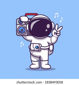 Cute Astronaut Listening Music With Boombox Cartoon Vector Icon Illustration. Science Technology Icon Concept Isolated Premium Vector. Flat Cartoon Style