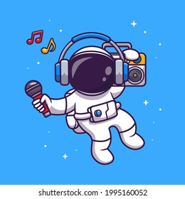 Cute Astronaut Listening Music With Boombox Cartoon Vector Icon Illustration. Science Music Icon Concept Isolated Premium Vector. Flat Cartoon Style