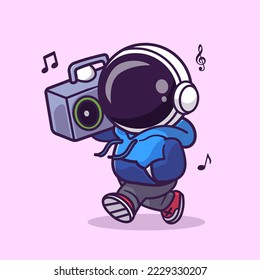 Cute Astronaut Hörmusik mit Boombox Cartoon Vektorsymbol Illustration. Science Music Icon Konzept isolierter Premium-Vektorgrafik. Flachbildkartonstil